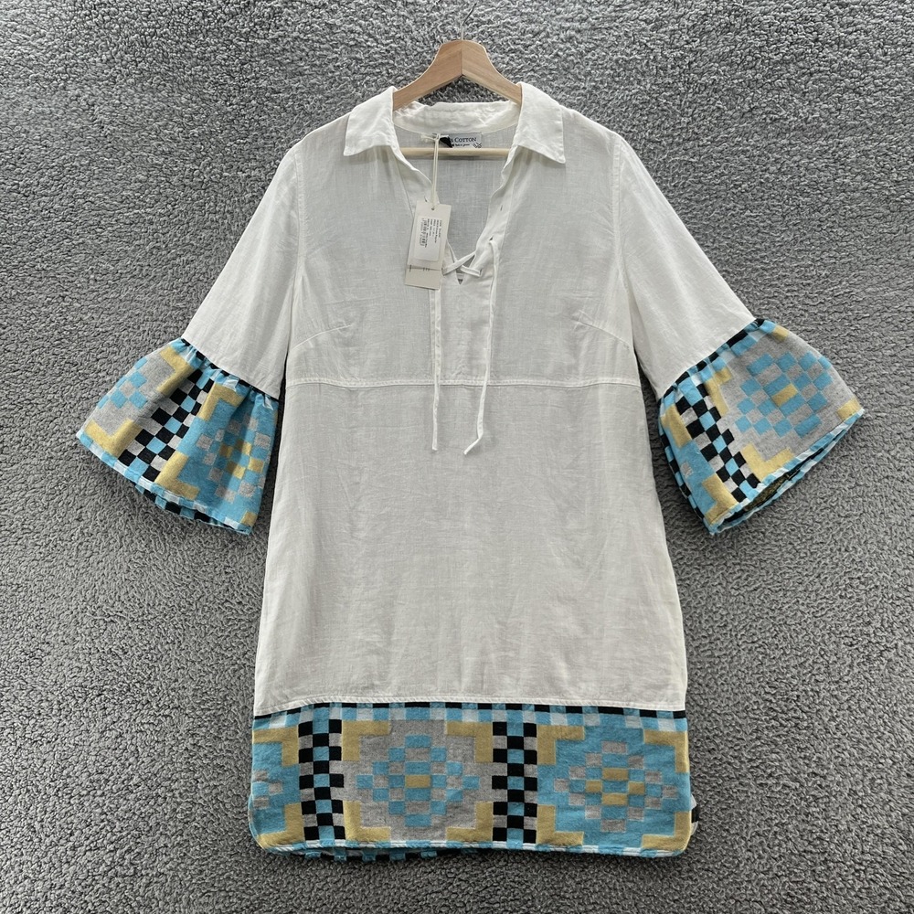Haris Cotton Dress Womens XL White Blue Linen Boho Peasant Embroidered Greece
